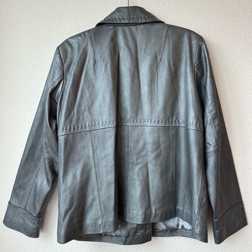 Chico’s Silver Shimmer Leather Collared Short Peacoat Jacket Coat Size 2 - Picture 5 of 9